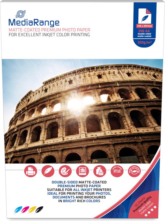 Papier MediaRange Inkjet mat aan beide zijden A4 200g 50 Pag.