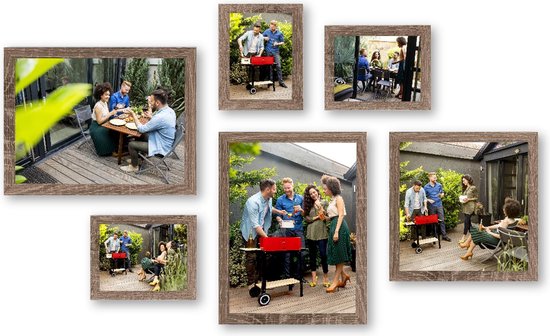 HAES DECO - Collage set met 6 houten fotolijsten Paris bruin voor foto's formaat 15x20, 30x30 en 30x40 - SP001905-6