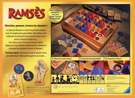 Achterkant van het bordspel Ramses, met spelbord, kaarten en uitleg.