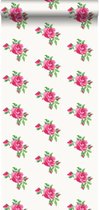 HD vliesbehang geborduurde roosjes roze en groen - 138144 van ESTAhome