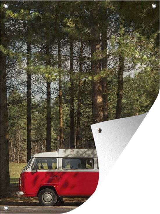 Tuin decoratie Bus - Bomen - Rood - 30x40 cm - Tuindoek - Buitenposter