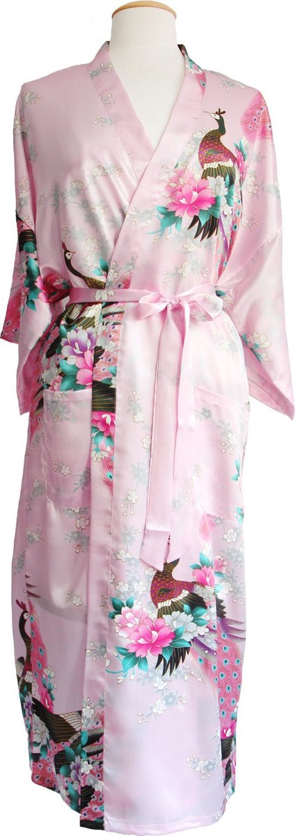 KIMU® kimono lichtroze satijn - maat L-XL - ochtendjas roze yukata kamerjas badjas - boven de enkels