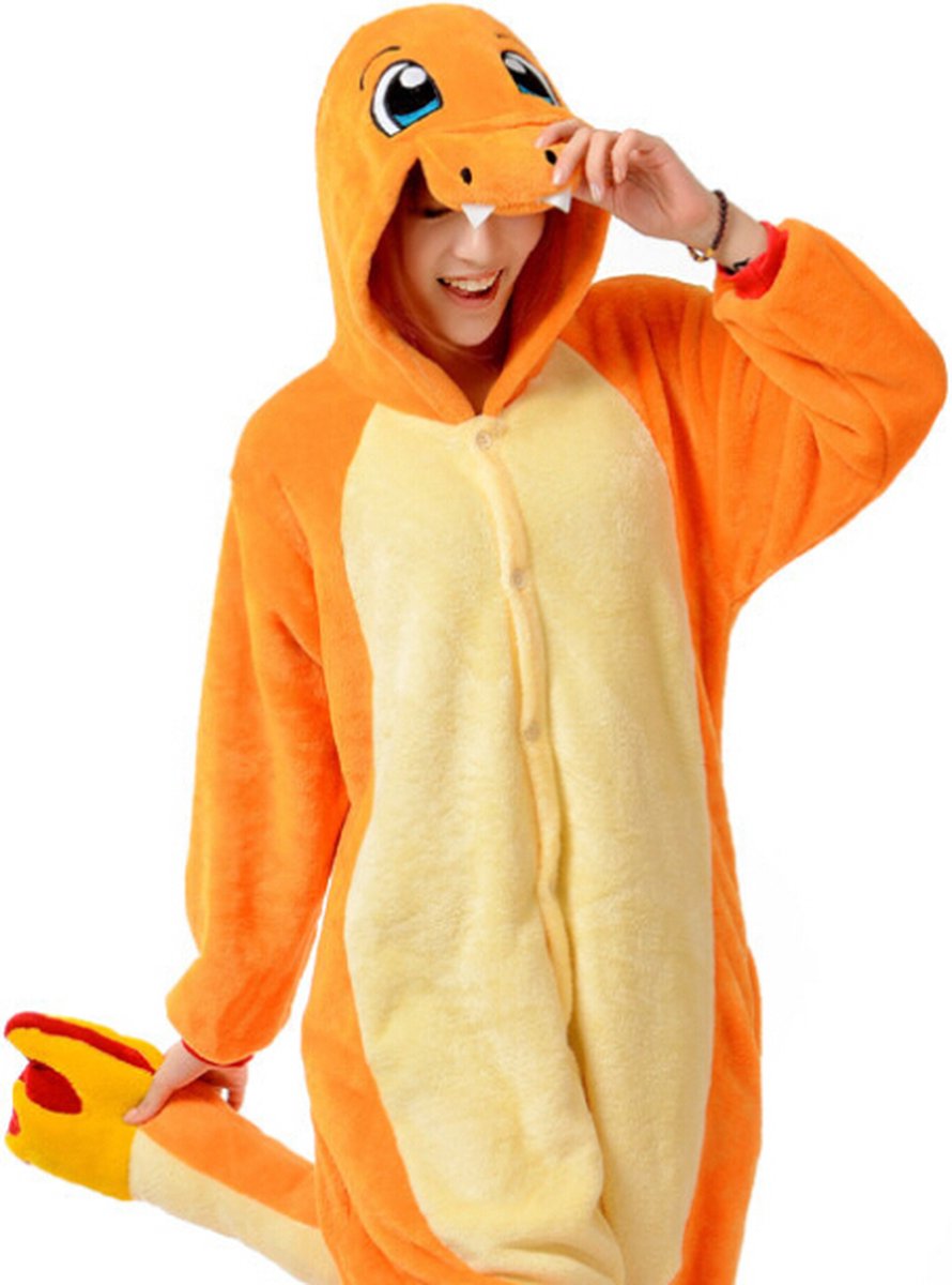 KIMU® Onesie Oranje Vuur Salamander Pak - Maat S-M of 158-164 - Slangenpak Kostuum Reptiel Gekko Pak - Huispak Pyjama Dames Heren Vurige Draak Festival