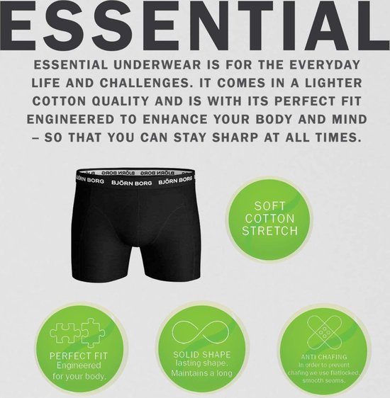 Zwarte Björn Borg boxer met tekst 'ESSENTIAL UNDERWEAR' en groene iconen.