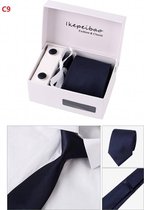 Elegante Stropdas Set in Geschenkdoos - inclusief Manchetknopen, Pochet en Dasspeld - C9 - Donker Blauw