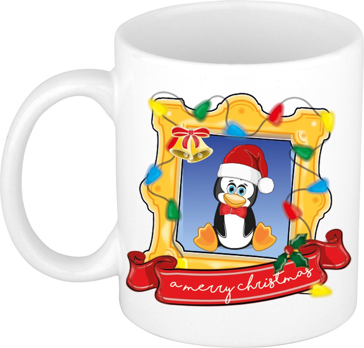 Bellatio Decorations Kerst cadeau koffiemok - kerst pinguin - wit - 300 ml - keramiek