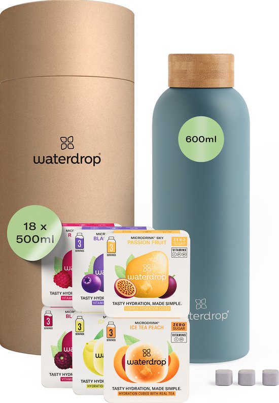 waterdrop® Starter Set Steel - 1 gourde 600 ml + 18 Microdrinks à dissoudre en 6 saveurs - Aux extraits naturels de fruits et de plantes + vitamines - boisson en poudre mix avec 0 sucre - Gourde en acier