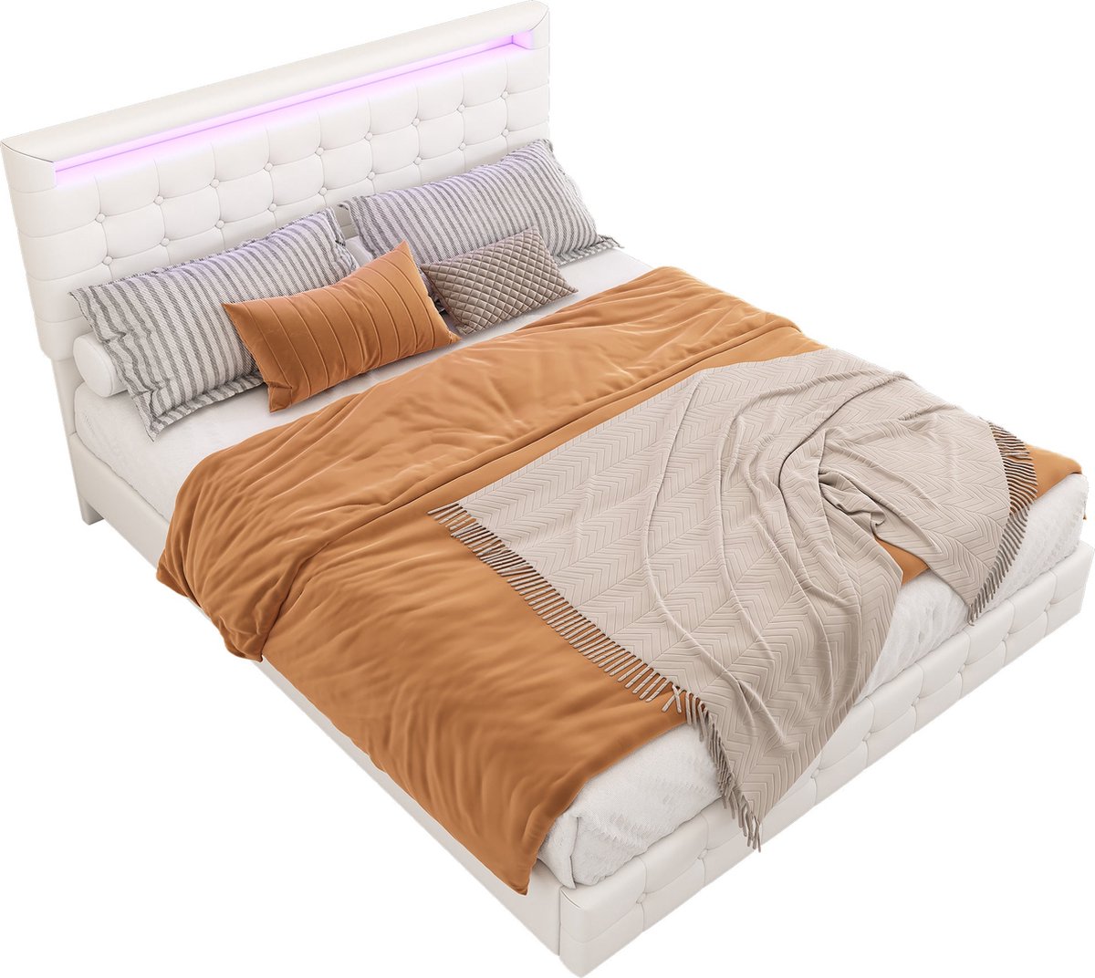 Merax Tweepersoonsbed 140x200 cm met LED Ambient Verlichting via Afstandsbediening - Kunstleer Gestoffeerd Bed met Verstelbaar Hoofdbord - Wit