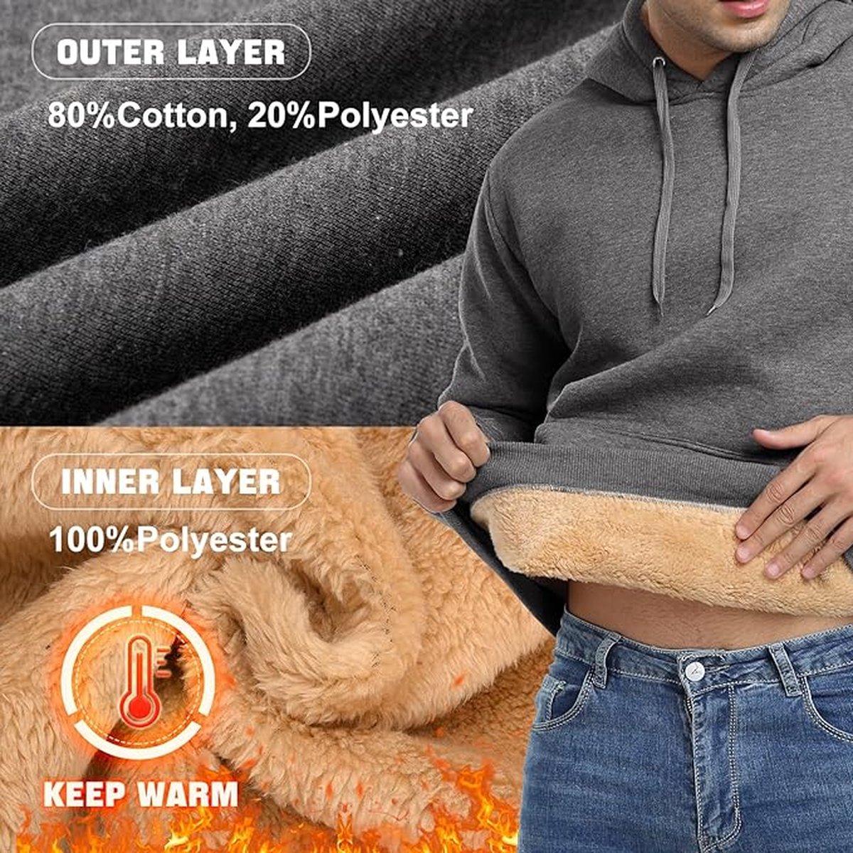 KEFITEVD Heren hoodies sherpa fleece gevoerde capuchon rits up winddicht sweatshirt winter warme hoodie met zakken, legergroen, XXL
