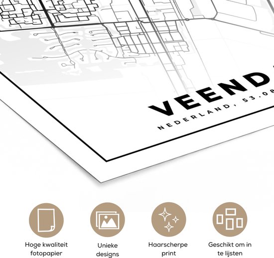 Poster Carte - Veendam - Zwart - Wit - 120x180 cm XXL