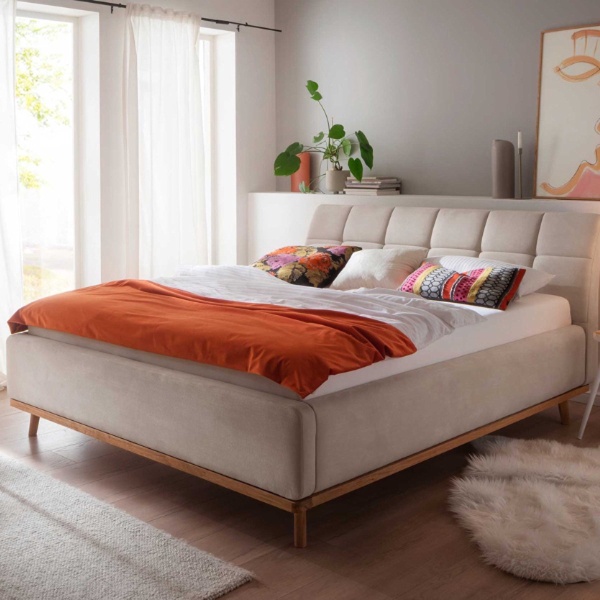 Gecapitonneerd Bed Cézanne 160x200cm Met Opbergruimte - Beige/eik - Meise - Tweepersoons Gestoffeerd Bed - Beige - Polyester Tweepersoons Normaal Bed