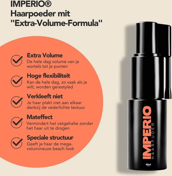 Flesje IMPERIO haarpoeder met 'Extra-Volume-Formula' en de voordelen: extra volume, flexibiliteit, verkleeft niet, mateffect en speciale structuur.