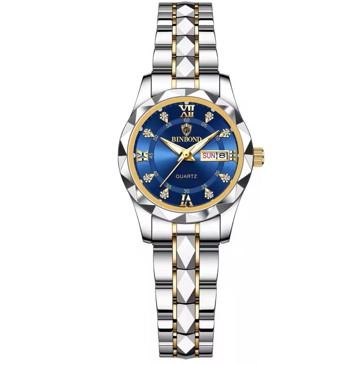 Binbond Luxe Dameshorloge - Vrouwen - Zilveren Polsband - Zilver, Goud en Blauw - Luxe Doos -