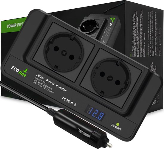 EcoLine - Onduleur 12V à 220V/230V - Chargeur de voiture 200W - prise pour la voiture avec 4x USB.