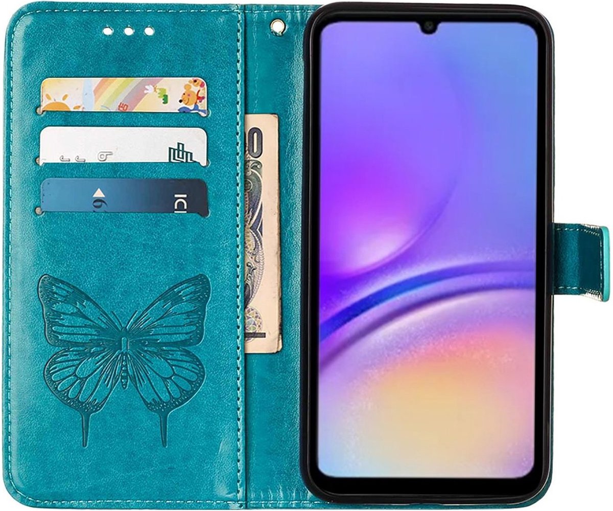 Mobigear Telefoonhoesje geschikt voor Samsung Galaxy A05 Hoesje | Mobigear Butterfly Bookcase Portemonnee | Pasjeshouder voor 3 Pasjes | Telefoonhoesje voor Pinpas / OV Kaart / Rijbewijs - Blauw