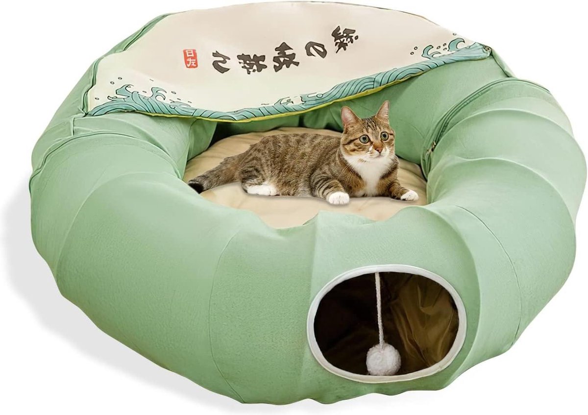 Opvouwbare ronde kattentunnel – groen – voor binnen – met hangende krabballen