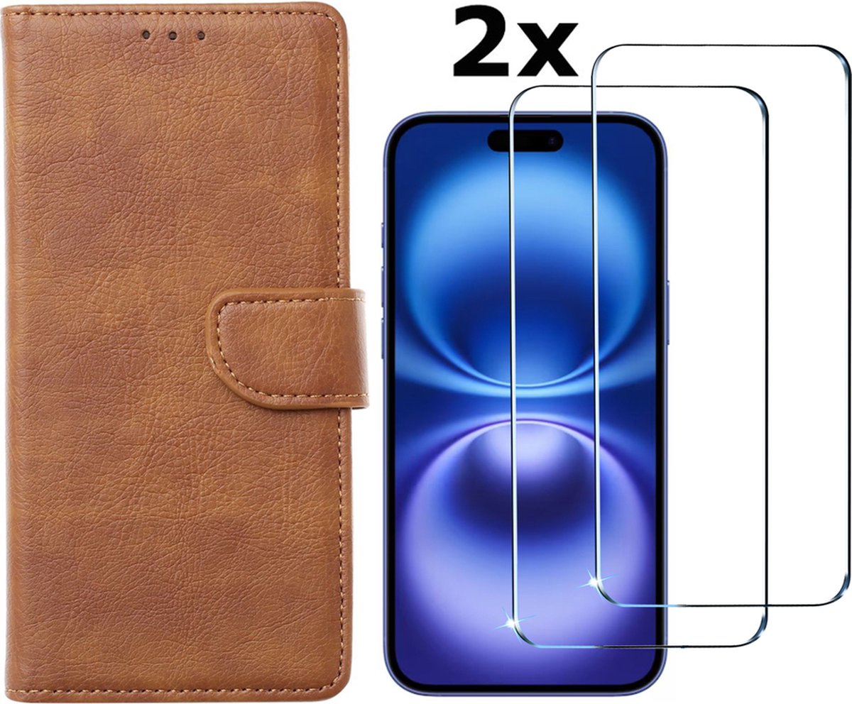 Hoesje Geschikt voor iPhone 16 hoesje bookcase met 2 stuks screenprotectors – Bruin