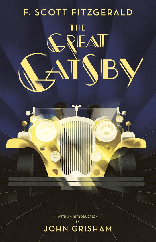 Boek kaft van "The Great Gatsby" met een Art Deco-stijl illustratie van een gele auto met koplampen aan, op een donkere achtergrond met stralen.