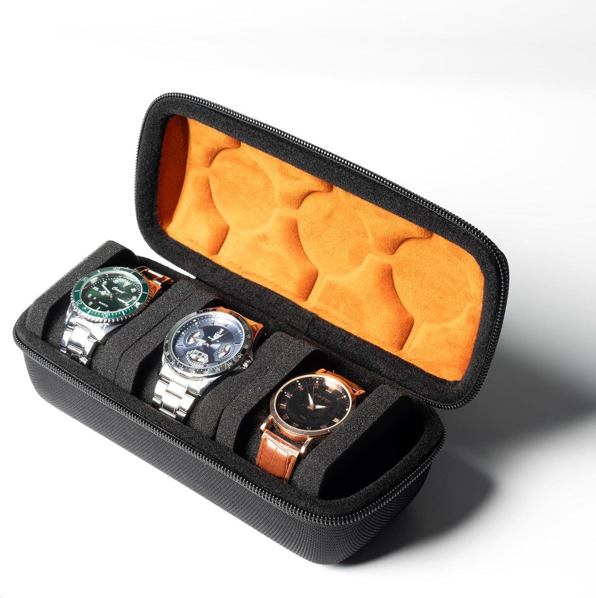 Hard Horloge Roll Travel Case - Rits Case Opslag en Organizer - Anti-move horloge kussen - Zwart 3slot