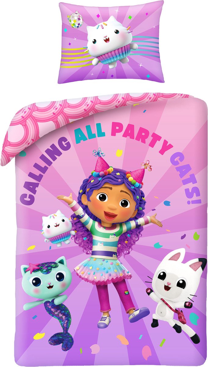 Gabby's poppenhuis Dekbedovertrek, Party Cats - 140 x 200 + 70 x 90 cm - Polyester