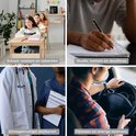 Vier afbeeldingen: leerlingen in klas, hand schrijft in schrift, medische professionals, persoon die auto rijdt.