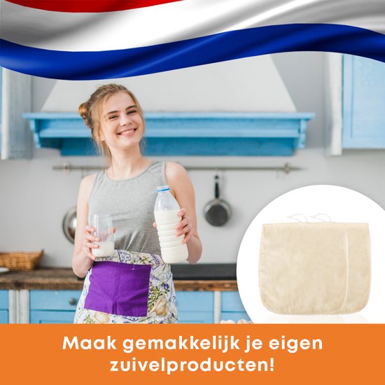 YUGN Étamine Tissu Ortie Sac à Lait de Noix LOT de 2 - Katoen Bio Ecru avec Couture Renforcée - Pour Faire du Lait d'Amande et du Fromage - 35x35cm - Astuce Cadeau