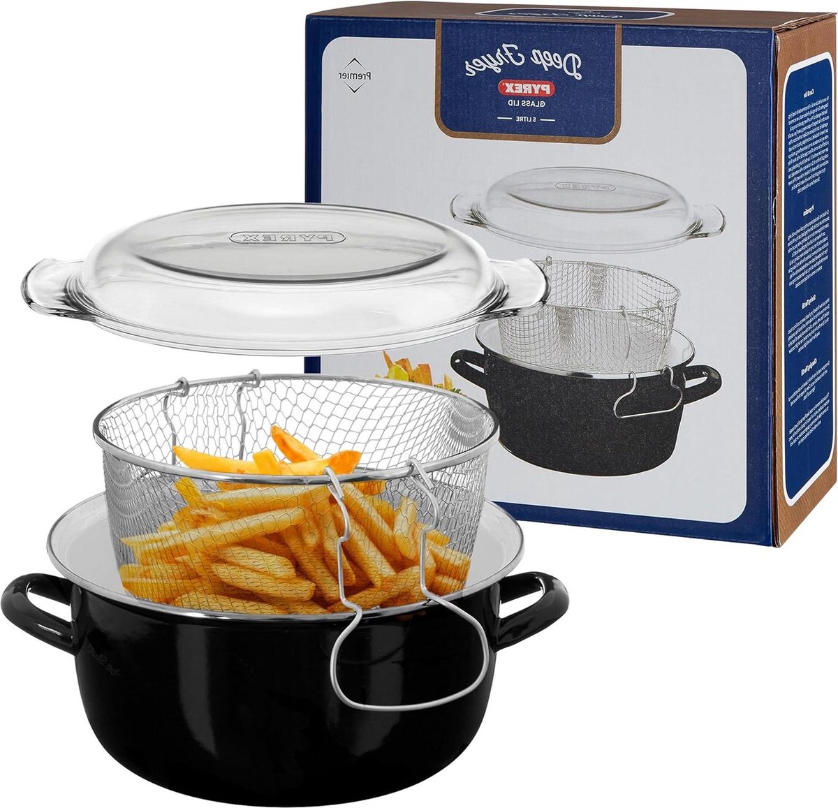 5L Emaille Chip Pan Zwarte Friteuse met glazen deksel Kleine Fryer 16x33x27