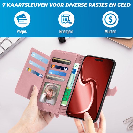 Coque adaptée pour iPhone 16 Plus - Bookcase - Cordon - Porte-cartes - Portefeuille - Motif fleurs - Simili cuir - Rose