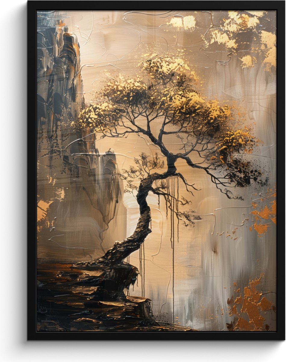 FrameYourWall Poster in lijst - Fotolijst 60x80 cm - Posters - Boom - Goud - Landschap - Verf - Posterlijst zwart - Decoratie - Wanddecoratie woonkamer - Muurdecoratie slaapkamer