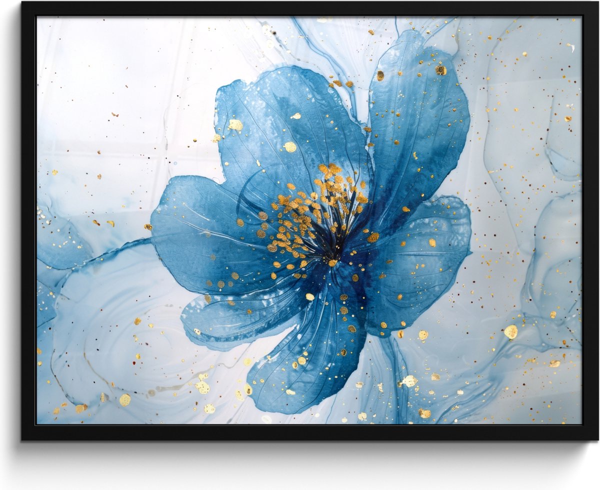 Poster in lijst - Fotolijst 80x60 cm - Posters - Bloemen - Blauw - Goud - Watercolor - Mod