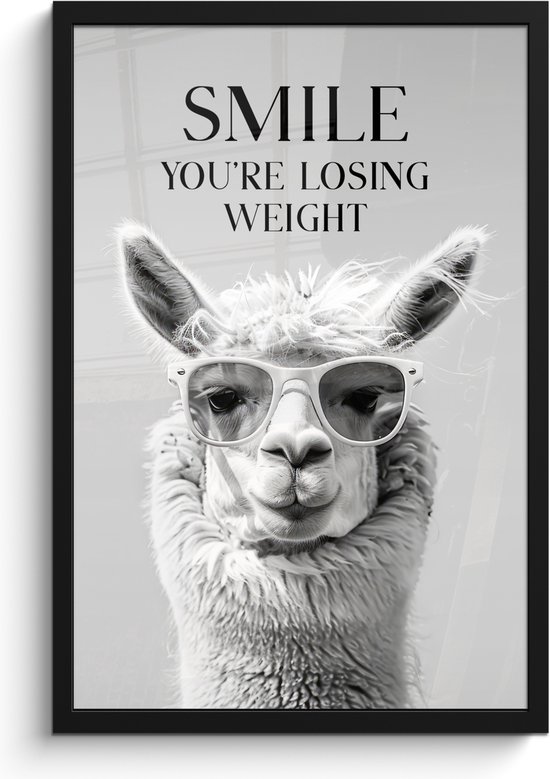 Poster in lijst - Fotolijst 40x60 cm - Posters - Quotes - Lama - Smile - Spreuken - Grijs - Posterlijst zwart - Wanddecoratie badkamer - Muurdecoratie WC - Decoratieve accessoires - Toilet muur decoratie