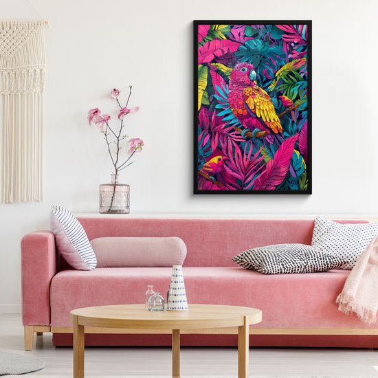 Affiche encadrée - Cadre photo 60x90 cm - Posters - Perroquet - Tropical - Jungle - Coloré - Cadre affiche noir - Décoration murale chambre ado - Décoration chambre ado - Accessoires chambre ado