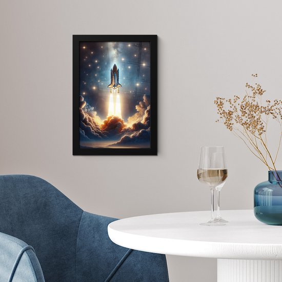 Affiche sous cadre - Cadre photo 20x30 cm - Posters - Voyage spatial - Fusée - Espace - Etoiles - Cadre affiche noir - Décoration murale pour chambre ado - Décoration chambre ado - Accessoires chambre ado jeunesse