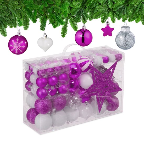 Boules de Noël Relaxdays - lot de 101 - plastique - incassable - étoile de Noël - rose vif/blanc