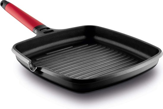 CASTEY - Grill Asador de Inducción, 27 cm, Modelo 2-IG27, Color Rojo, Mango Desmontable, Sartén Antiadherente de Aluminio, Distribución Homogénea del Calor
