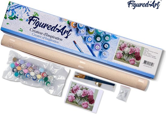 FiguredArt schilderset met genummerd canvas, acrylverf potjes, penselen en voorbeeld van bloemen.