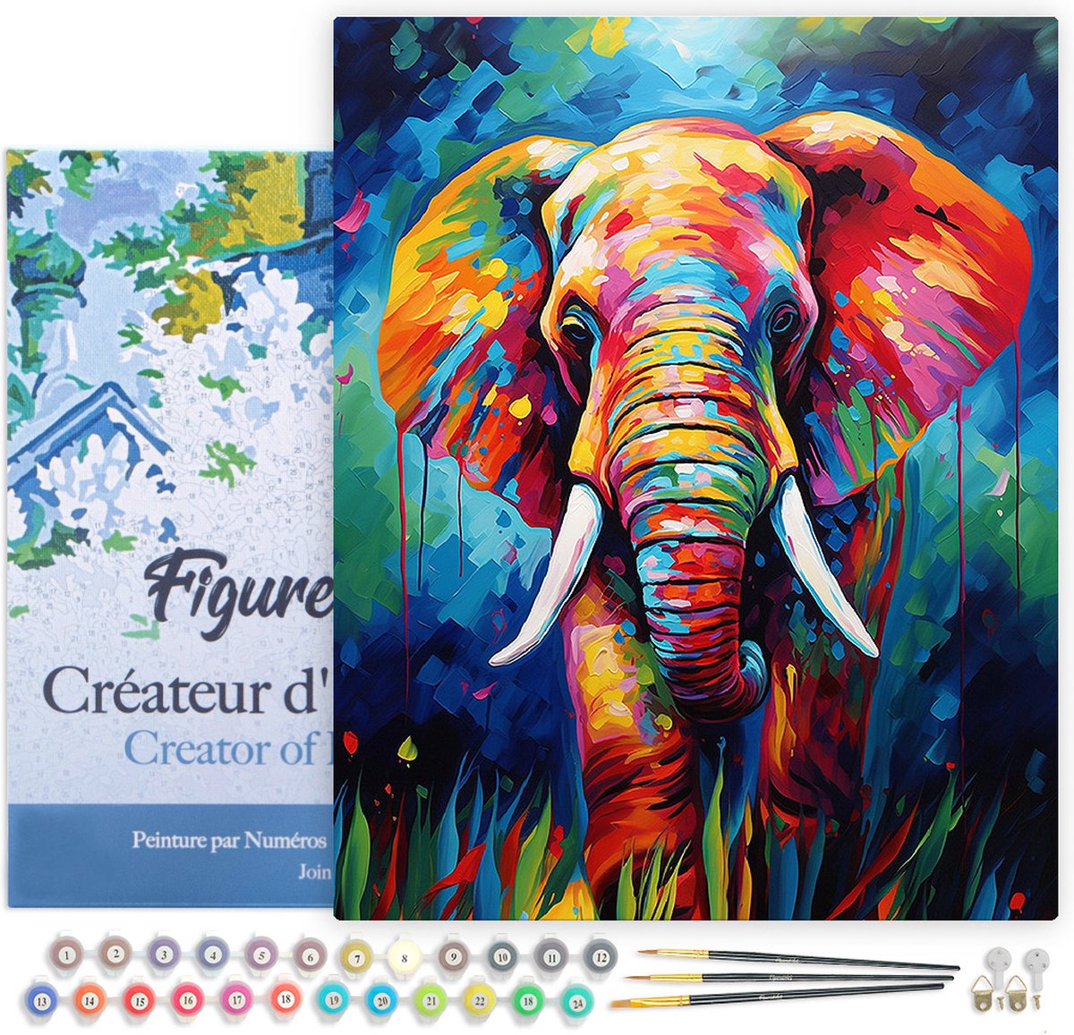Figured'Art Schilderen op Nummer Volwassenen met lijst Kleurrijke Abstracte Olifant- Handwerk acrylverf Kit DIY Compleet - 40x50cm Canvas al ingelijst
