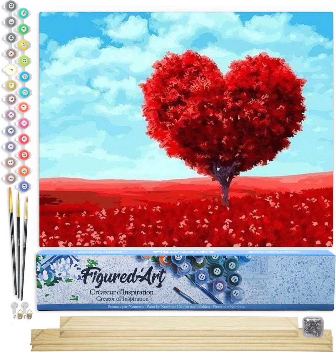 Figured'Art Schilderen op Nummer Volwassenen canvas Boom met hartvorm - Handwerk acrylverf Kit DIY Compleet - 40x50cm met DIY houten lijst