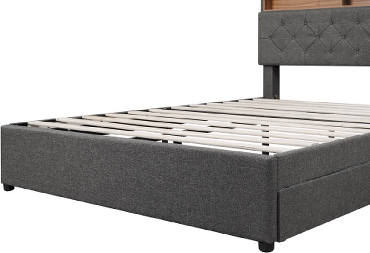 Gestoffeerd bed, 160 x 200 cm, hydraulisch opbergbed met led en USB- laadstation, bedframe met lattenbodem en opbergruimte, hoofdeinde, tweepersoonsbed, tienerbed, functioneel bed, zonder matras (grijs
