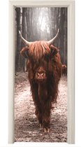 Deurposter 80x205 cm - Deursticker Schotse hooglander - Bos - Koe - Dieren - Natuur - Meubelfolie zelfklevend - Deurfolie woonkamer - Interieurfolie fotobehang - Deur plakfolie - Deurstickers - Deurbehang sticker - Kamer decoratie