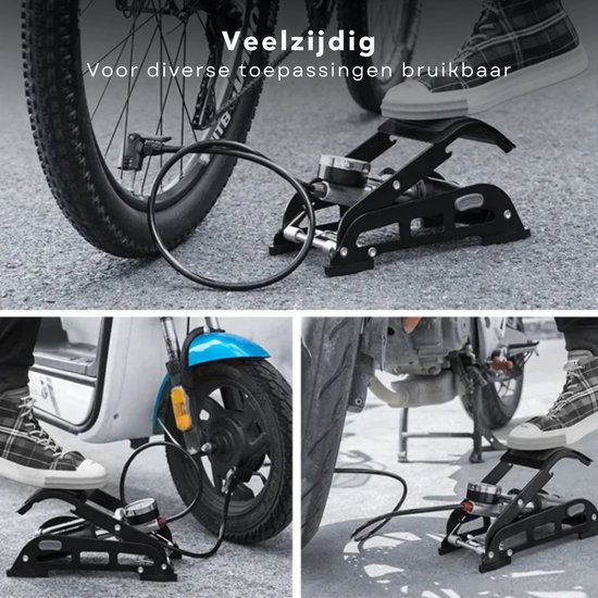 Collage van een zwarte fietspomp in gebruik bij een fiets, scooter en motor.