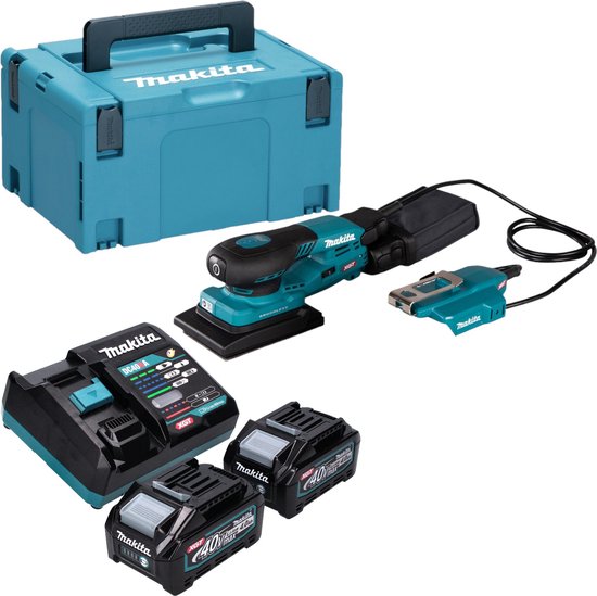 Makita schuurmachine met stofzak, charger, 2 accu's, en Makpac koffer, turquoise en zwart.