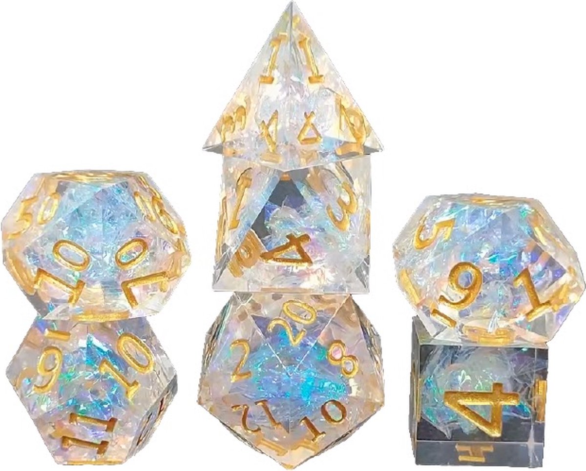 Lapi Toys - Dungeons and Dragons dobbelstenen - DnD Dice - Polydice - Dobbelstenen Dungeons Dragons - D&D dobbelstenen - DnD Dice Set - 1 set (7 stuks) - Sharp Edge - Resin - Wit - Blauw