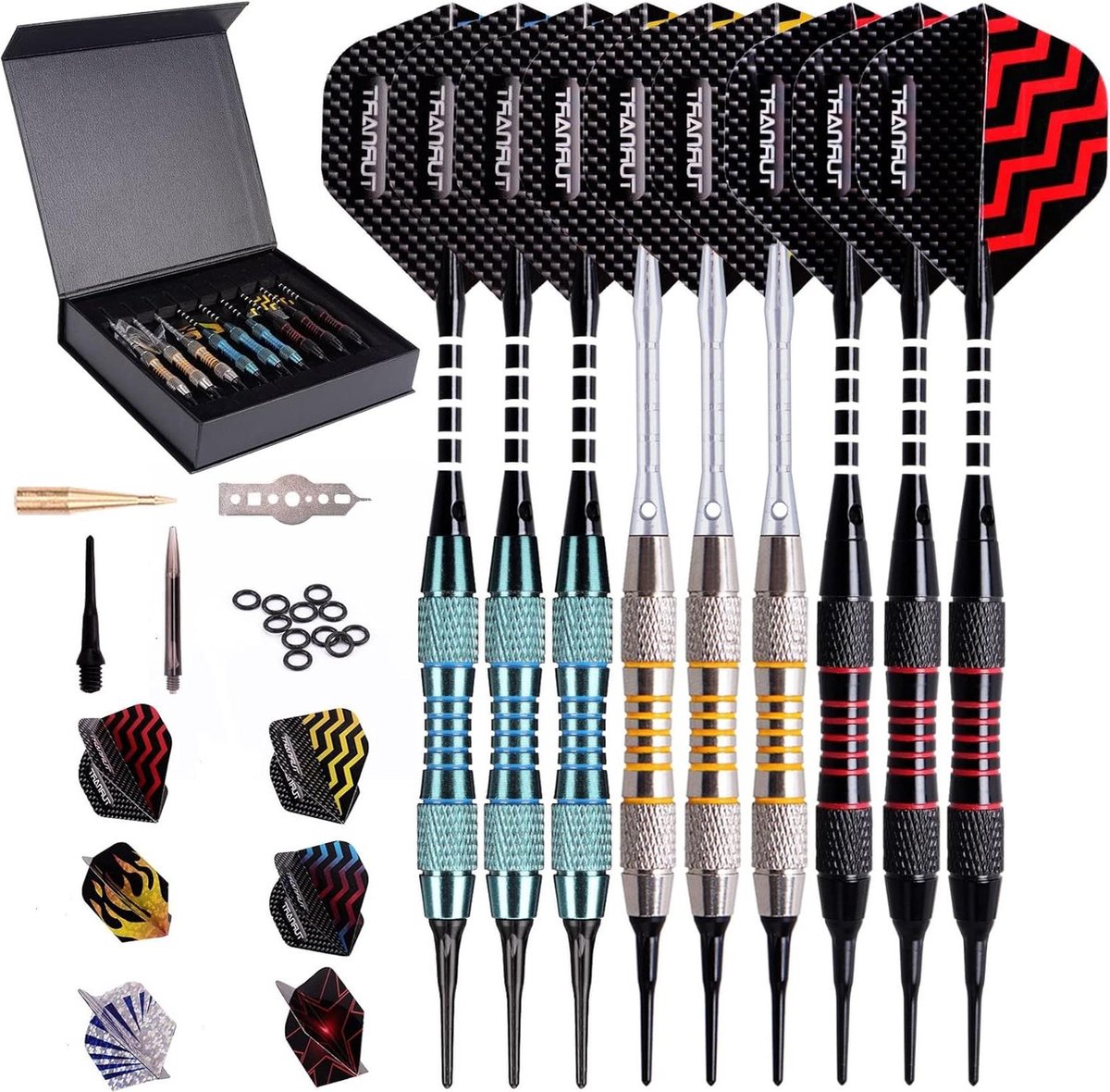 Dartpijlen set plastic 9 stuks 18 gram - inclusief 50 pijlen, 20 ringen, 27 vluchtpijlen