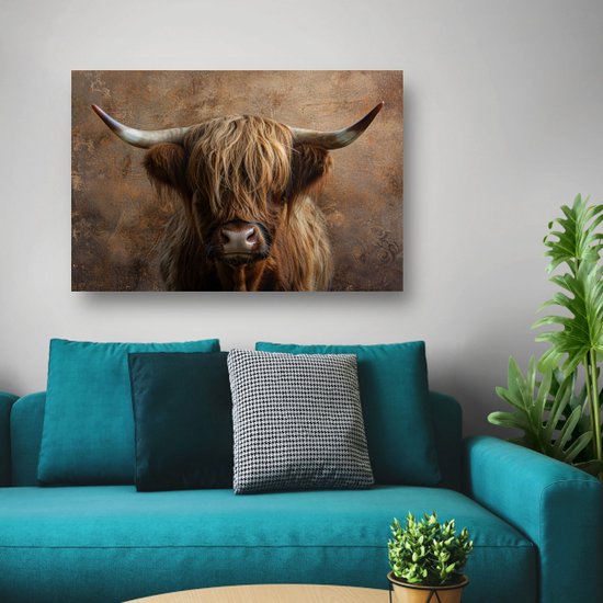 Schotse hooglander glasschilderij - Dieren - Schilderijen koe - Woonkamer decoratie industrieel - Wanddecoratie plexiglas - Slaapkamer muurdecoratie - Acrylglas 150x100 cm
