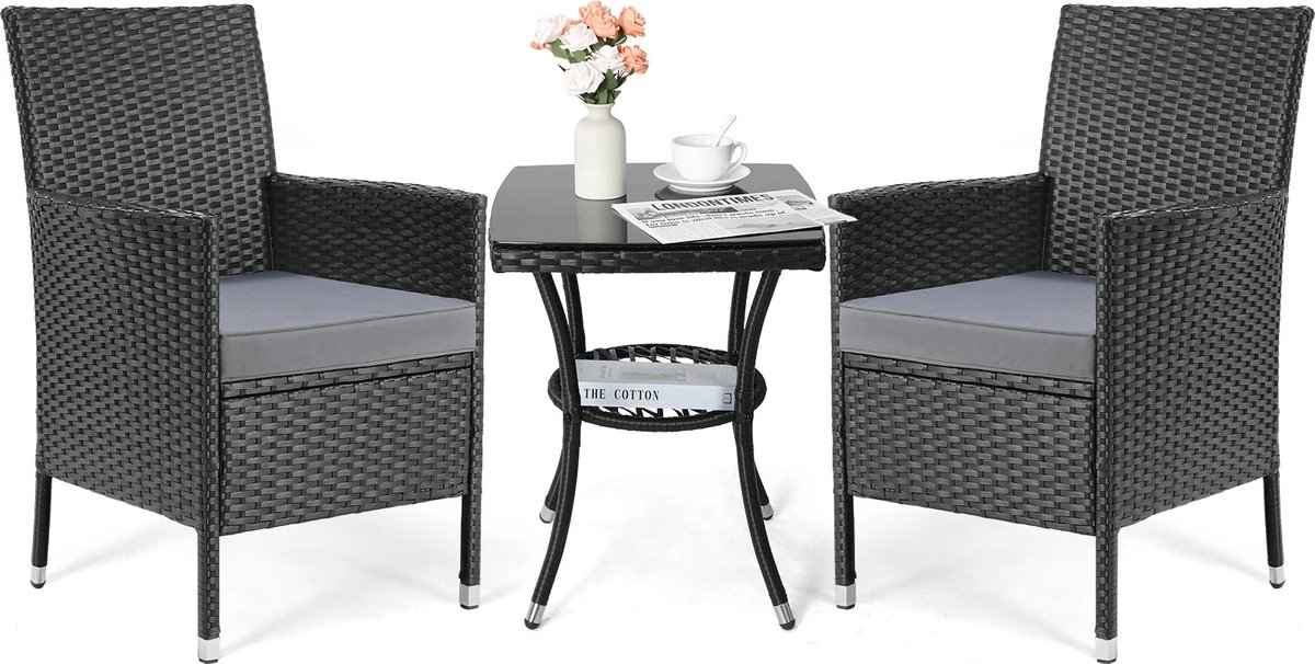 Balkonset van Rotan Rieten Stoelen met Grijs Kussens en Tafeltje