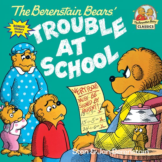 De Berenstain Bears: Problemen op school. Mama Beer in blauw met stippen, Papa Beer in gele jas, en twee kinderen kijken naar een slecht rapport.