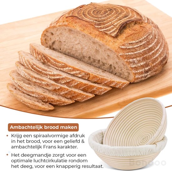 Bondoo Rijsmandje Ø 23 cm - Broodbakken - Banneton - Rijsmandje Brood - Rijsmand Rond - Zuurdesem starter set - incl Deegkleed - Deegmesje - RVS Deegschraper - Plastic Deegschraper - Deegklopper - Borstel