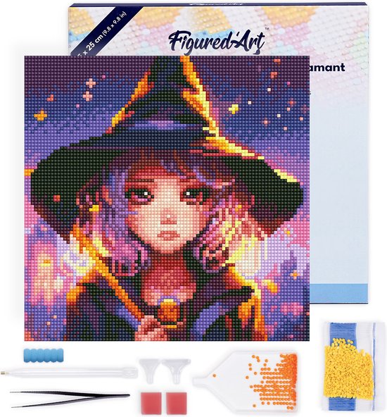 Figured' Art Mini Peinture de diamants Set Adultes 25x25 cm avec cadre Enchanting Klein Witch - 5D DIY Art Full Drill Round Diamond - Toile déjà encadrée