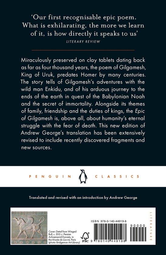 De achterkant van het boek toont een citaat, een beschrijving van het epos en het Penguin Classics logo. Onderaan een afbeelding van een reliëf van een gevleugeld wezen.